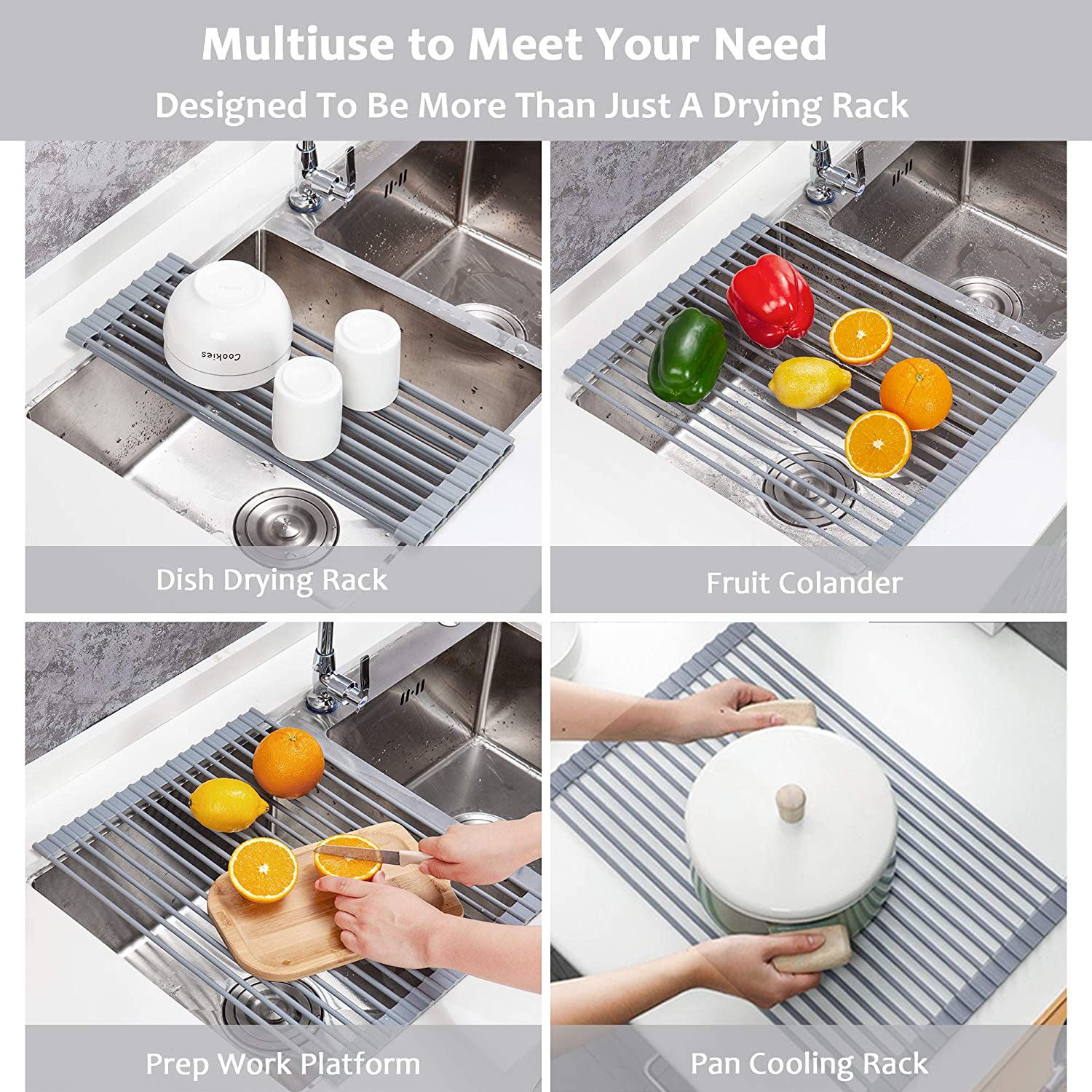 Roll Up Dish Drying Rack Over The Sink - Kitchen Multi-Purpose Rollable  Foldable Stainless Steel Drainer Mat for Dishes Fruits Vegetables  Organization 